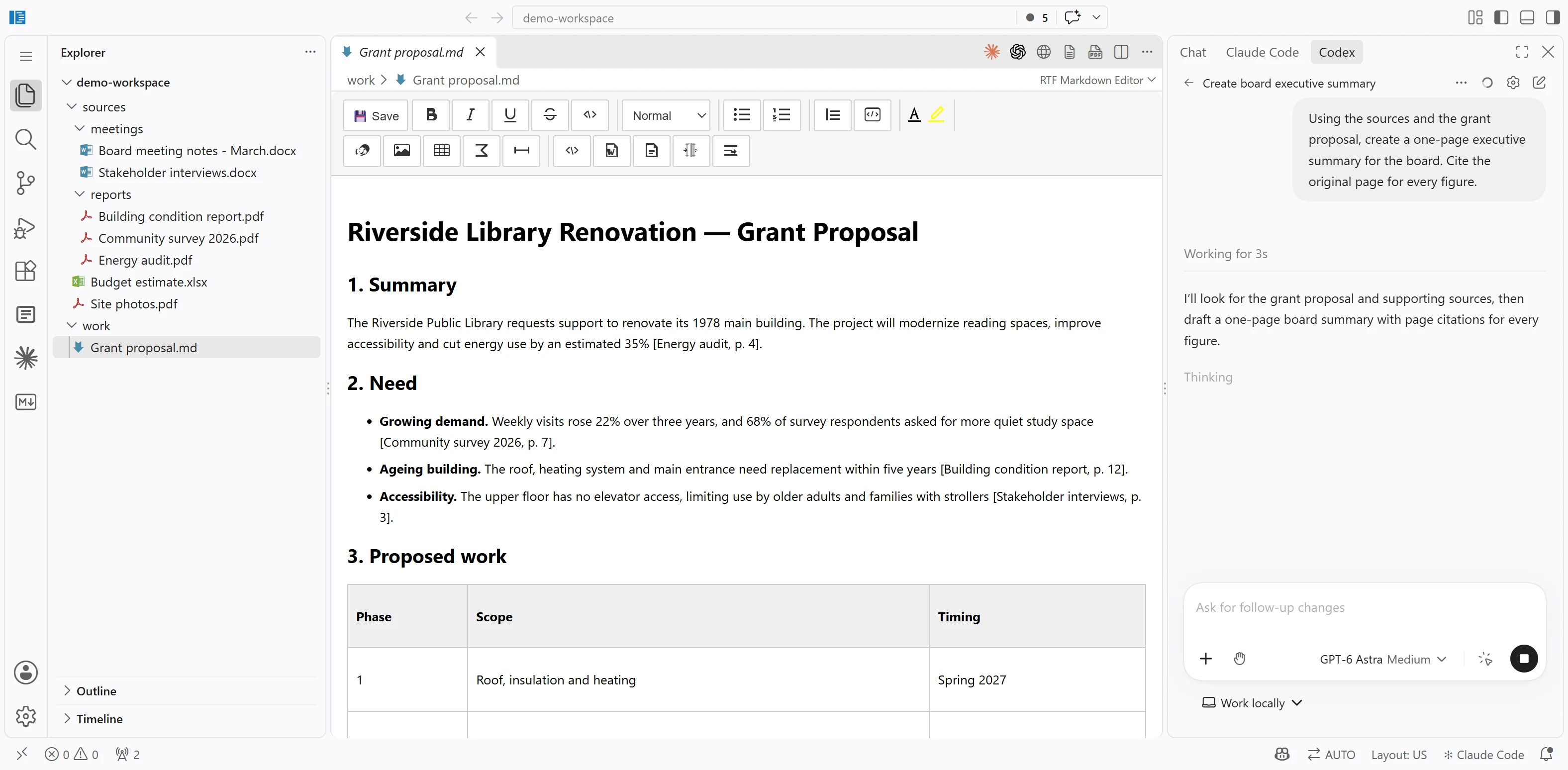 EditorLM with project sources in the Explorer, a grant proposal open in the editor, and a request to the AI agent to create an executive summary